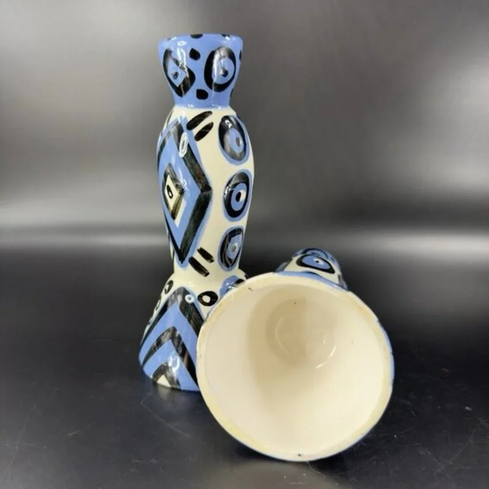Hand Painted Vintage Pottery Candle Stick Holder Set 2 Signed YCHUK Abstract‎ 2